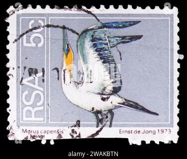 MOSCOW, RUSSIA - DECEMBER 17, 2023: Postage stamp printed in South Africa shows Cape Gannet (Morus capensis), Definitives Flora and Fauna serie, circa Stock Photo