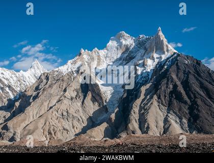 Pakistan, Northern Areas of the Karakoram Mountains. Pictorial image of Crystal and Marble Peaks from high on the Baltoro Glacier at Concordia a place known to mountaineers as the Throne Room of the Mountain Gods Stock Photo