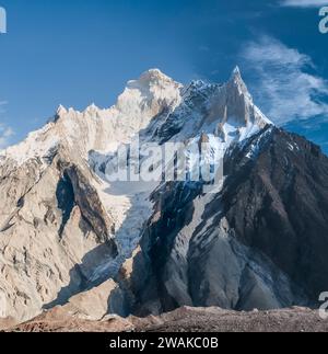 Pakistan, Northern Areas of the Karakoram Mountains. Pictorial image of Crystal and Marble Peaks from high on the Baltoro Glacier at Concordia a place known to mountaineers as the Throne Room of the Mountain Gods Stock Photo