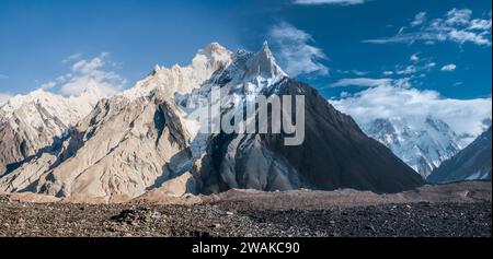 Pakistan, Northern Areas of the Karakoram Mountains. Pictorial image of Crystal and Marble Peaks from high on the Baltoro Glacier at Concordia a place known to mountaineers as the Throne Room of the Mountain Gods Stock Photo