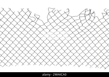 The texture of the metal mesh. Torn, destroyed, broken metal mesh on a white background Stock Photo