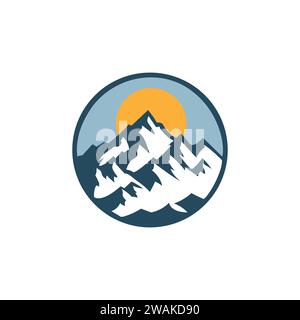 Majestic Sunrise Over Rugged Mountain Peaks Enclosed In a Circular Emblem Design Stock Vector