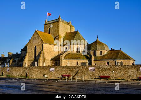 France, Normandy, Manche department, Cotentin, Barfleur, labeled Les Plus Beaux Villages de France, beaching fishing port and Saint-Nicolas church Stock Photo