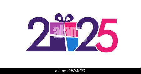 Happy New Year 2025 creative icon with gift box. Internet banner. Greeting card design. Advertising template. Flat graphic. Promotional concept. Isola Stock Vector