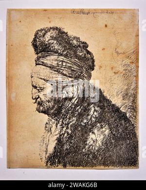 Rembrandt etching exhibition, second oriental head, 1635 Stock Photo