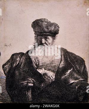 Rembrandt etching exhibition, Old man in a large black velvet coat, 1631 Stock Photo