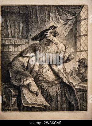 Rembrandt etching exhibition, The old man protecting his eyes, 1639 Stock Photo