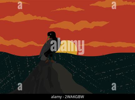 seagull perched on a stone background with sea and summer sun Stock Vector