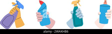 Hands with toilet cleaners. Cleaning service tools. Housekeeping service equipment. Vector illustration. Stock Vector