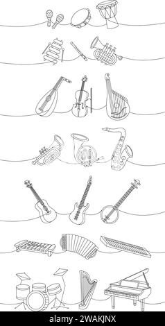 Musical instruments collection one line colored continuous drawing ...