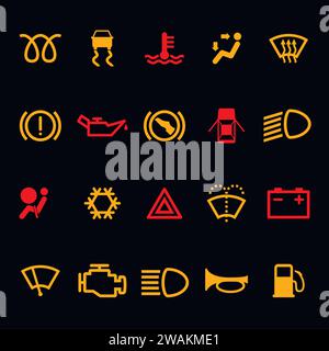 Car dashboard icons set isolated on black background. Icon pack car information pictograms. Vector Stock Vector