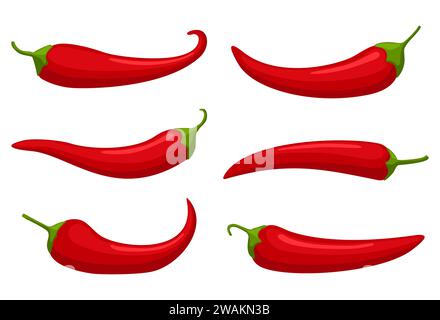 Hot red Chilly peppers set isolated on white background, cartoon mexican chilli, paprika icon signs. Spicy food symbols, cayenne peppers. Vector illus Stock Vector