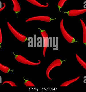 Hot red Chilly peppers on black seamless pattern background, cartoon mexican chilli, paprika icon signs. Spicy food symbol, cayenne peppers. Vector il Stock Vector