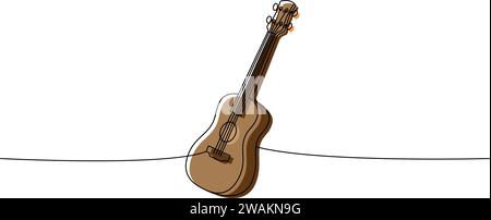 Acoustic guitar, string instrument one line colored continuous drawing. Musical instruments continuous one line illustration. Vector illustration. Stock Vector