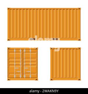 Yellow Cargo Container for shipping and sea export isolated on white background. Front, back and side view. Logistics and transportation Vector Illust Stock Vector