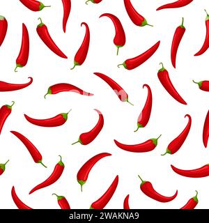 Hot red Chilly peppers on white seamless pattern background, cartoon mexican chilli, paprika icon signs. Spicy food symbol, cayenne peppers. Vector il Stock Vector
