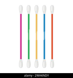 Cotton swab isolated on white background. Care and hygiene. Colorful ear and cosmetic buds. Wooden ear stick. Bath and makeup symbols.. Vector illustr Stock Vector