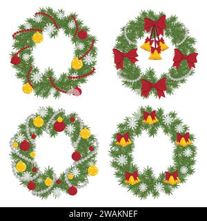 A set of Christmas Fir Wreath with bells, bows, balls and snowflakes isolated on white background. Xmas wreath crowns garland, symbol of the New Year Stock Vector