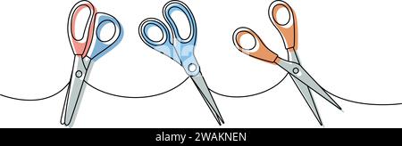 Scissors. Back to school one line colored continuous drawing. School supplies continuous one line illustration. Vector minimalist linear illustration. Stock Vector