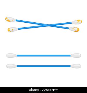 Cotton swab clean and dirty isolated on white background. Care and hygiene. Ear and cosmetic buds. Wooden ear stick. Bath and makeup symbols. Vector i Stock Vector