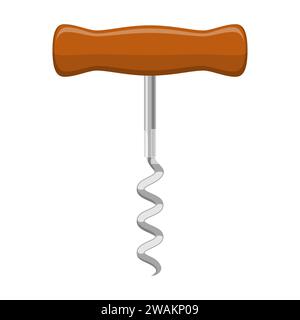 Corkscrew isolated on white background. Bottle opener. Steel spiral corkscrew with wooden handle in flat. Vector Illustration Stock Vector