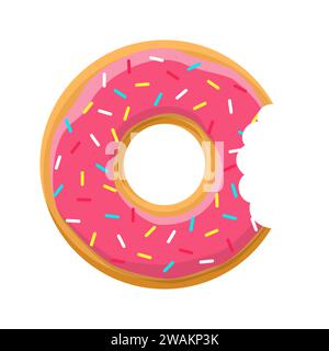 Sweet pink bitten donut with pink icing isolated on white background. Yummy cookie donut food. Candy decoration color donut with topping. Glazed pastr Stock Vector
