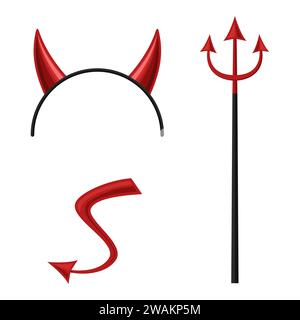 Devils horns head gear, trident and tail isolated on white background. Demon costume, halloween mask, party time, devil wears. Vector illustration. Stock Vector