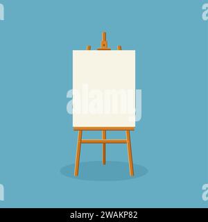 Wood easel or painting art board with white canvas on blue background. Easel with paper sheets. Artwork blank poster mockup. Vector illustration Stock Vector