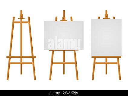 Wood easels or painting art boards with white canvas of different sizes. Easels with horizontal and vertical paper sheets. Artwork blank poster mockup Stock Vector