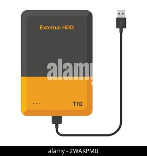 External hard disk drive with USB cable isolated on white background. Portable extern HDD. Memory drive vector illustration Stock Vector