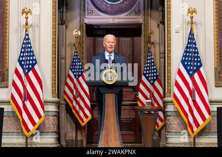 Washington, United States of America. 11 October, 2023. U.S President Joe Biden addresses a group of Jewish Community leaders to express support for Israel and preventing anti-semitism following the recent Hamas terrorist attacks at the Indian Treaty Room of the Eisenhower Executive Office Building in the White House, October 11, 2023 in Washington, D.C.  Credit: Oliver Contreras/White House Photo/Alamy Live News Stock Photo