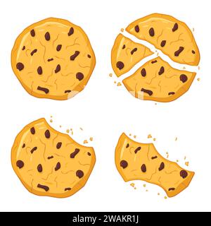 Chocolate chips cookies isolated on white background. Bitten, broken, cookie crumbs. Sweet food cookies icon. Biscuit, small baked, crisp pastry with Stock Vector