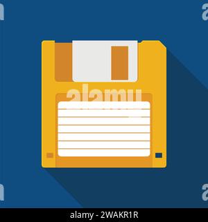 Floppy Disk icon in flat style on blue background with shadow. HD diskette old data media. Vector Illustration Stock Vector