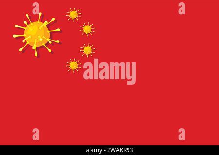 Banner with China flag with the spread of Coronavirus 2019-nCoV virus strain. Chinese flag with yellow coronavirus shapes instead of stars. Quarantine Stock Vector