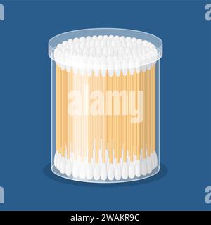Cotton swab in container isolated on blue background. Care and hygiene. Wooden ear stick and cosmetic bud. Bath and makeup symbols. Vector illustratio Stock Vector