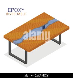 Rable made of wood and transparent epoxy resin. Isometric Epoxy river table furniture loft design style isolated on white background. Vector illustrat Stock Vector