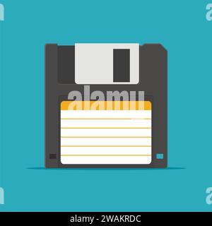 Black Floppy Disk icon in flat style isolated on blue background. HD diskette old data media. Vector Illustration Stock Vector