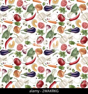 Watercolor seamless pattern with colorful vegetables and spices on white background. For use in design, fabric, textile, scrapbooking, wallpaper, wrap Stock Photo