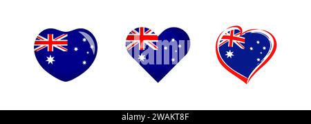 Heart shapes with Australian flag. Creative collection. Set of buttons. Icon concept. Happy Australia day decoration. Welcome to Sydney, Australia Stock Vector