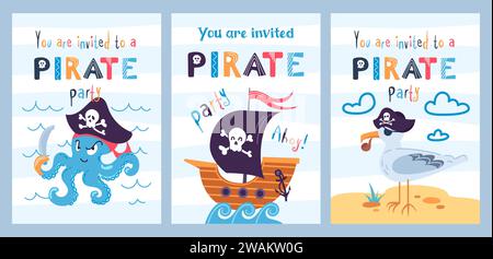 Set party invitation template. Cartoon pirate ship, seagull sailor and octopus- robber. Black flag, Jolly Roger. Skull and Bones. illustration for gam Stock Vector