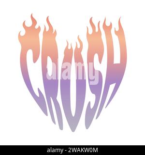 Crush, inscription in the shape of a heart. Flame on letters. for Valentines Day. Trendy color Peach Fuzz. Y2k style. Stock Vector