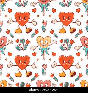 Seamless pattern for Valentines Day. Characters in old retro cartoon style. Dancing funky-groovy cute lollipops and hearts with flowers. For wallpaper Stock Vector