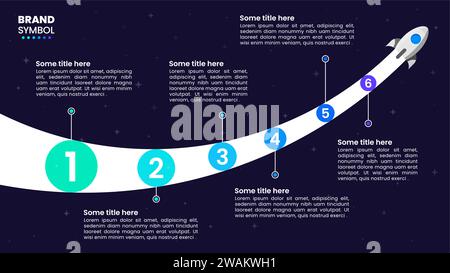 Infographic template with 6 options or steps. Rocket. Can be used for workflow layout, diagram, banner, webdesign. Vector illustration Stock Vector