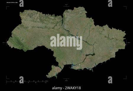 Shape of a high resolution satellite map of the Ukraine before 2022, with distance scale and map border coordinates, isolated on black Stock Photo
