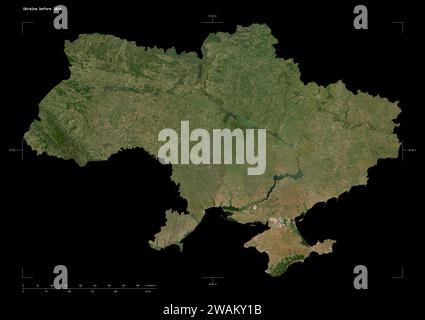 Shape of a low resolution satellite map of the Ukraine before 2014, with distance scale and map border coordinates, isolated on black Stock Photo