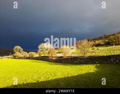 Sunlight and dark skies over Austwick, Yorkshire Dales, UK. Stock Photo