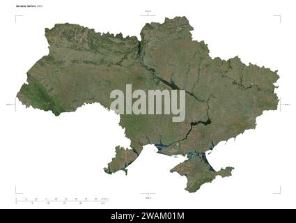Shape of a high resolution satellite map of the Ukraine before 2014, with distance scale and map border coordinates, isolated on white Stock Photo