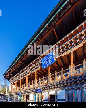 Local shops in Chamkhar Town, Bumthang, in the central-eastern region of Bhutan Stock Photo