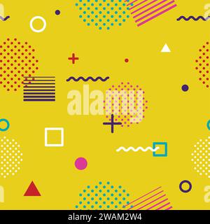 Abstract geometric seamless pattern in Memphis style on yellow background. Fashion 80s-90s trends designs, Retro funky graphic with geometric shapes. Stock Vector