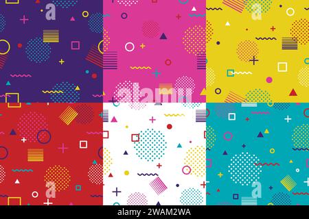 Set of abstract geometric seamless pattern in Memphis style. Fashion 80s-90s trends designs, Retro funky graphic with geometric shapes. Applicable for Stock Vector